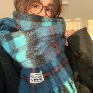 Iceland blue plaid mohair scarf for women, a cozy winter wrap with soft texture