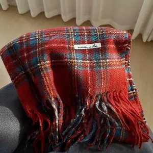 Cozy Ankara red plaid cashmere scarf with elegant tassels for warm winter fashion