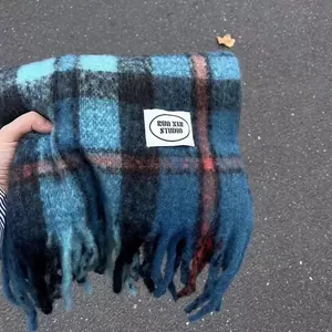 Iceland blue plaid mohair scarf for women, warm winter shawl with tassels and label