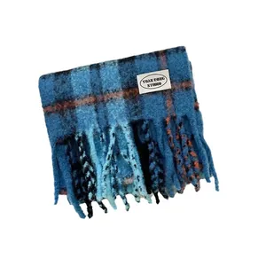 Iceland blue plaid mohair scarf for women warm winter shawl with tassels and brand label