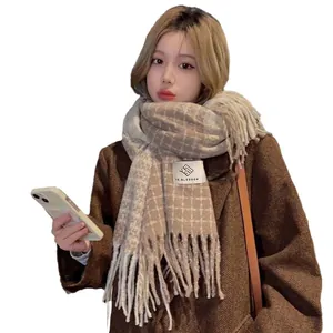 Warmer doppelseitiger Karo-Schal mit Fransen für Damen, stilvoller Winter-Pashmina-Schal