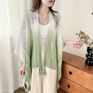 Ethnic style gradient green and white hollow crochet shawl with tassels for women