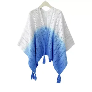 Ombre blue and white crochet knit shawl with fringe tassels for travel
