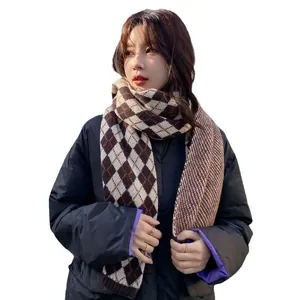 Classic brown and beige argyle knitted scarf for women, warm winter fashion accessory