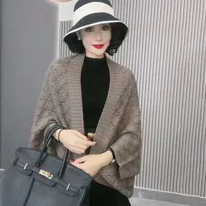 Elegant hollow diamond knit shawl cardigan cape for women in a classic solid brown color