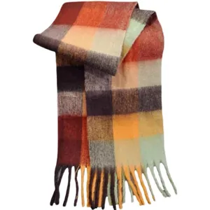 Warm mohair plaid scarf for women featuring autumn tones and decorative fringe tassels.