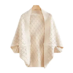 Elegant cream hollow knit rhombus shawl wrap, stylish open front women's poncho cardigan.