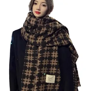 Elegant brown and black grid pattern imitation cashmere scarf for winter warmth