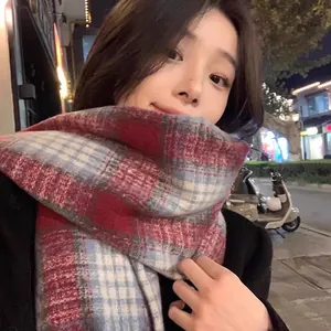 Elegant Angola red plaid scarf for women made of soft imitation cashmere for winter warmth