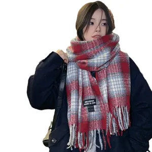 Cozy red plaid winter scarf for women made of soft and warm faux cashmere material