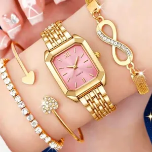 Vista dettagliata dell'elegante orologio da donna in oro con quadrante rosa e bracciali