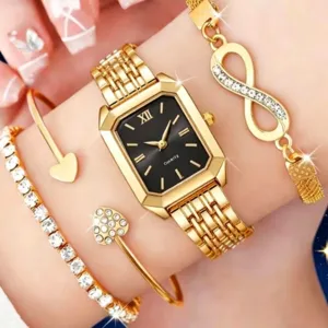 Vista dettagliata dell'elegante orologio da donna dorato e del set di gioielli coordinati