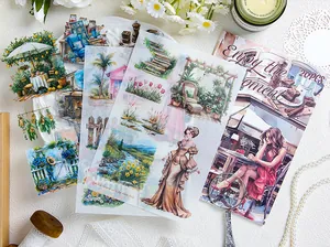 Vista dettagliata di adesivi PET vintage con paesaggi e illustrazioni di moda vittoriana