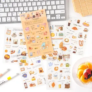 Vintage PET waterproof stickers set for journaling with food and coffee themes 6 sheets