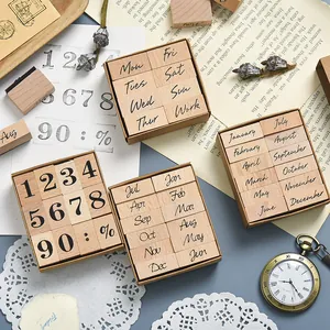 Retro Wooden Rubber Stamp Set English Week Month Number Design Vintage Decorative Wooden Stamp For DIY Scrapbooking Journal Calendar Planner Craft