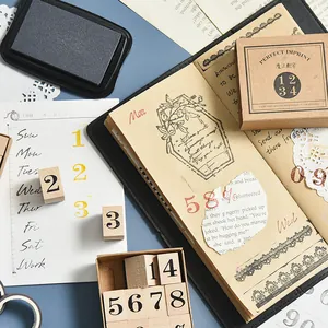 Wooden date and month rubber stamps set for journal decoration and scrapbooking