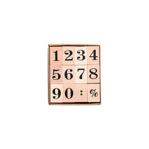 Set of 12 vintage style wooden number stamps in a kraft paper storage box