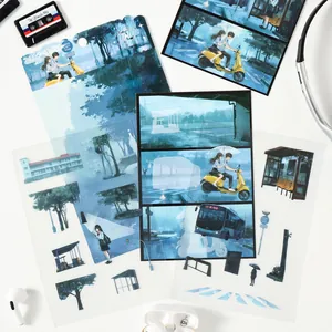 Manga style rainy campus themed 3D miniature scene stickers set for creative landscaping