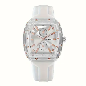 Detailed view of a stylish men's quartz watch with a transparent square case and white strap