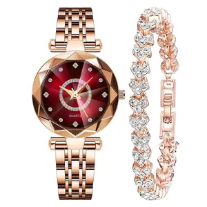 Montre à quartz de luxe pour femme en or rose avec cadran rouge étoilé et son bracelet