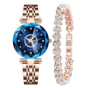 Vue détaillée de la montre à quartz ciel étoilé en or rose et parure de bracelet cristal