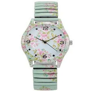 Elegante orologio da polso donna con stampa floreale e cinturino elastico verde menta
