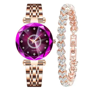 Parure montre à quartz luxe or rose pour femme avec cadran violet et bracelet coeur