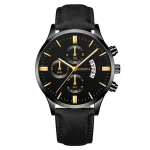 Detail of a luxury men's black quartz watch with gold markers and black silicone strap