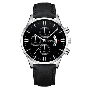 Detailed macro view of Geneva men's quartz watch featuring a black chronograph dial