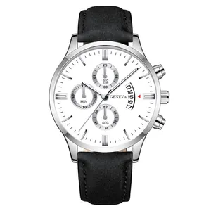 Detailed close-up of a men's quartz watch with a white dial and black strap
