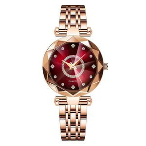 Montre à quartz élégante pour femme avec bracelet or rose et cadran rouge