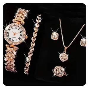 Rose gold luxury rhinestone watch with matching necklace, bracelet, earrings and ring set