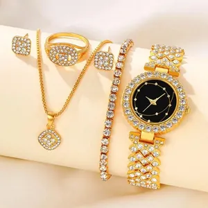 Detailed view of elegant 5-piece gold watch and rhinestone jewelry set for women