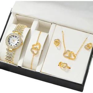 Elegant gold women watch and heart jewelry set with rhinestones in black gift box