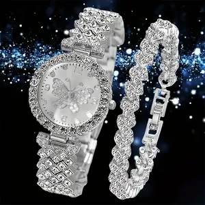 Elegantes silbernes Iced-out Schmetterlings-Quarzuhr- und Armbandset für Frauen