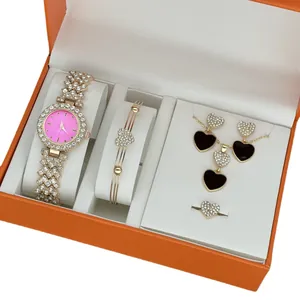 Luxury rose gold quartz watch and rhinestone heart jewelry five-piece set in box