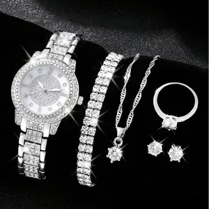 Elegantes silbernes Damenuhren-Schmuckset mit Strasssteinen Kette Armband Ohrringe