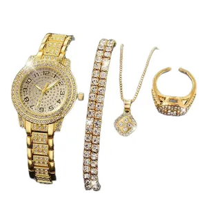 Parure de bijoux 4 pièces de luxe pour femme en or avec montre strass collier bracelet bague