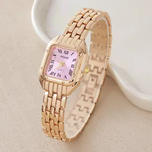 Orologio al quarzo da donna quadrato in oro rosa con quadrante rosa e numeri romani