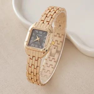 Elegante orologio al quarzo quadrato in oro rosa da donna con quadrante nero classico