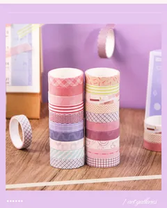 Detailed view of macaron-colored washi tape rolls with various vintage patterns
