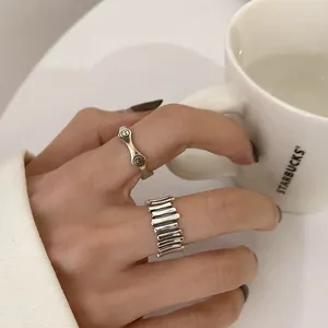Minimalist 925 silver smiley face wave ring and ridged fence style band for women