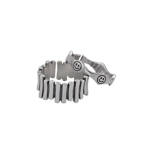 Elegant minimalist silver smiley face wave and fence textured open rings set for women