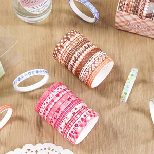 Vintage washi tape set with warm tones and cute aesthetic patterns for scrapbooking journaling