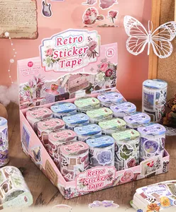 Détail d'un lot de 16 rubans adhésifs rétro avec motifs floraux et vintage