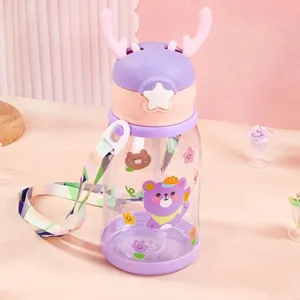 Cute children's purple deer antler water bottle with cartoon bear print and colorful strap