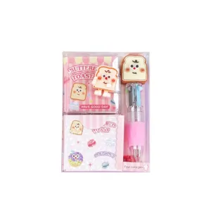 Cute cartoon toast mini notebook and 4-color pen stationery gift set
