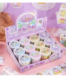 Detailed view of a cute animal theme washi tape set in a purple display box.