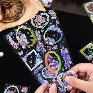Holographic floral stickers with laser gold foil patterns for scrapbooking decoration
