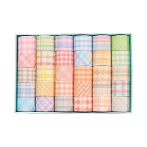 Pastel grid washi tape set with 30 rolls of various plaid patterns for DIY scrapbooking